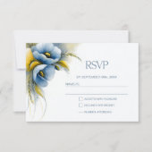 青と黄色の花柄の結婚式RSVP 出欠カード (正面)