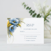 青と黄色の花柄の結婚式RSVP 出欠カード (スタンド正面)
