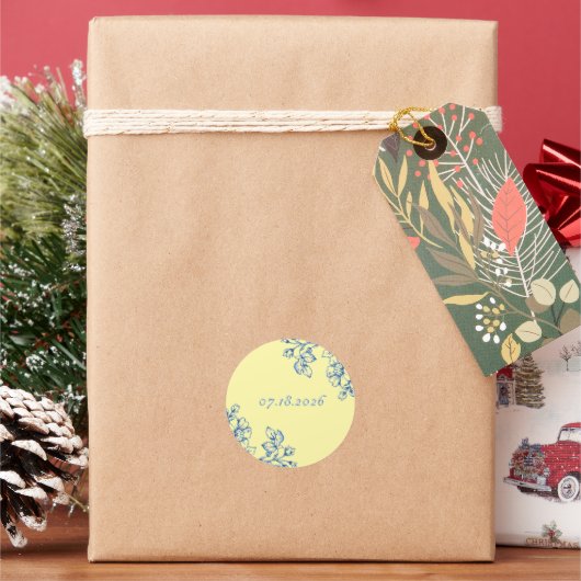 青と黄色の花柄ステッカー ラウンドシール (クリスマス)