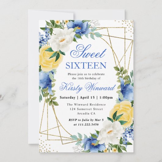 青と黄色の花金ゴールドフレーム甘い16 招待状 (正面)