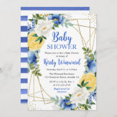 青と黄色の花金ゴールドフレーム赤ちゃんシャワー 招待状 (正面/裏面)