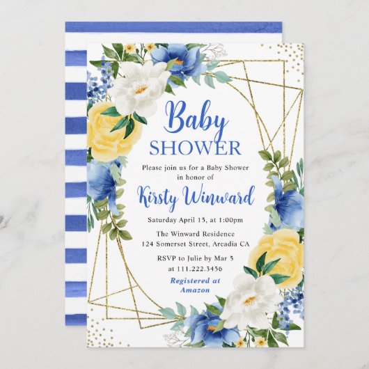 青と黄色の花金ゴールドフレーム赤ちゃんシャワー 招待状 (正面/裏面)