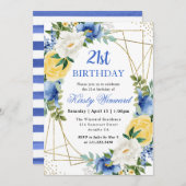 青と黄色の花金ゴールドフレーム21st誕生日 招待状 (正面/裏面)