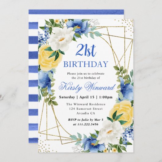 青と黄色の花金ゴールドフレーム21st誕生日 招待状 (正面/裏面)