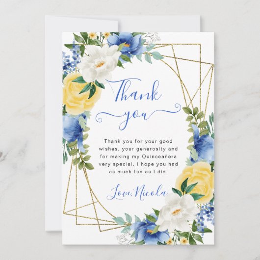 青と黄色の花金ゴールド枠キンセアニェラ サンキューカード (正面)