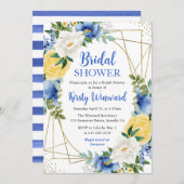 青と黄色の花金ゴールド枠ブライダルシャワー 招待状 (正面/裏面)