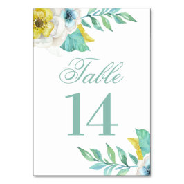 青と黄色の花。ミントの花のウェディング テーブルナンバー
