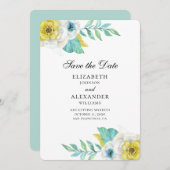 青と黄色の花。ミントフローラ保存日付 招待状 (正面/裏面)