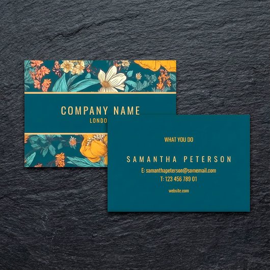 青と黄色の花、金ゴールド縁ど 名刺
