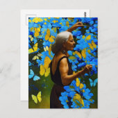 青と黄色の蝶を持つ老婦人 ポストカード (正面/裏面)