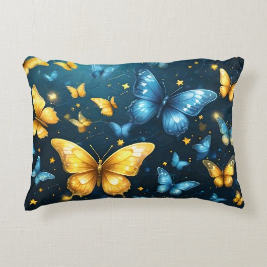 青と黄色の蝶飛んでいるは アクセントクッション (正面)
