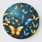 青と黄色の蝶飛んでいるは ラージ壁時計 (正面)