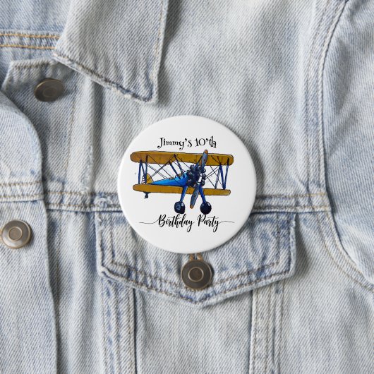 青と黄色の複葉機の少年誕生日パーティー 缶バッジ (インサイチュ)