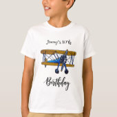 青と黄色の複葉機の男の子の誕生日パーティー Tシャツ (正面)