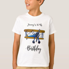 青と黄色の複葉機の男の子の誕生日パーティー Tシャツ