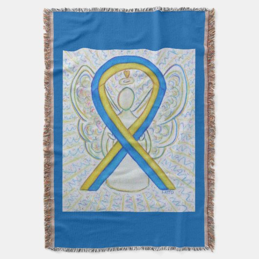 青と黄色の認識度リボンエンジェルブランケット スローブランケット (正面縦)