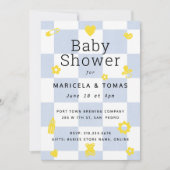 青と黄色の赤市松模様にちゃんシャワー 招待状 (正面)