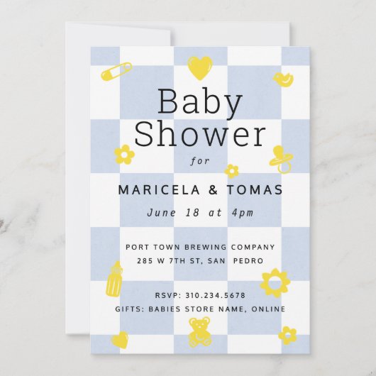 青と黄色の赤市松模様にちゃんシャワー 招待状 (正面)