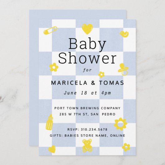 青と黄色の赤市松模様にちゃんシャワー 招待状 (正面/裏面)