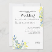 青と黄色の野カラフル花結婚の 招待状 (正面)