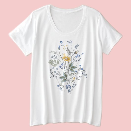 青と黄色の野生の花 プラスサイズTシャツ