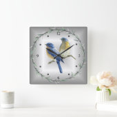 青と黄色の鳥の緑の葉のリングや輪青/グレーバック～ スクエア壁時計 (ホーム)