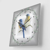 青と黄色の鳥の緑の葉のリングや輪青/グレーバック~ スクエア壁時計 (傾斜)