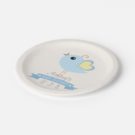 青と黄色の鳥の赤ちゃんシャワー ペーパープレート (アングル)