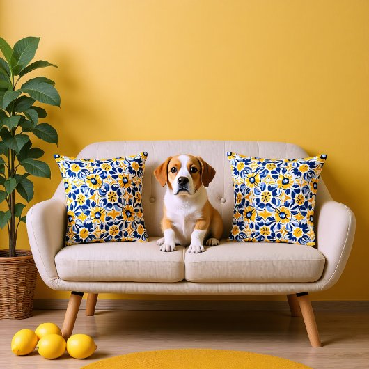 💛💙青と黄色、フローラアズレホス クッション