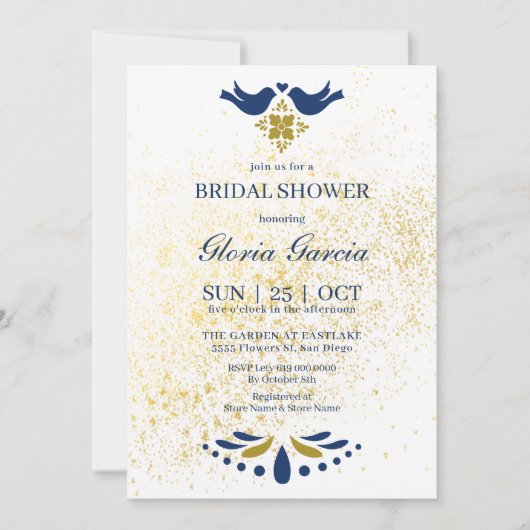 青と黄金の愛の鳥メキシコブライダルシャワー 招待状 (正面)
