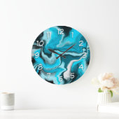 青と黒と白の大理石の流体アート ラージ壁時計 (ホーム)