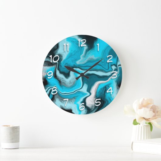 青と黒と白の大理石の流体アート ラージ壁時計 (ホーム)