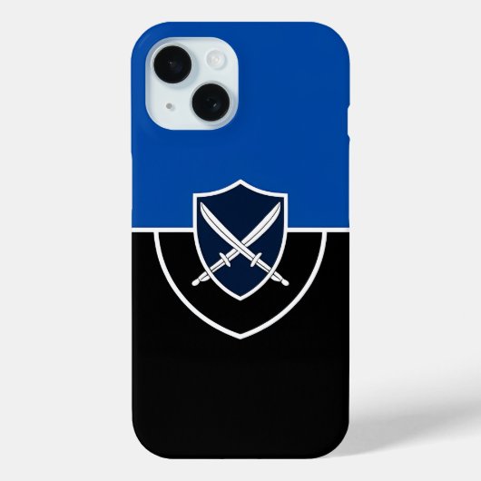 青と黒に交差する剣を持つシールド Case-Mate iPhoneケース (裏面)
