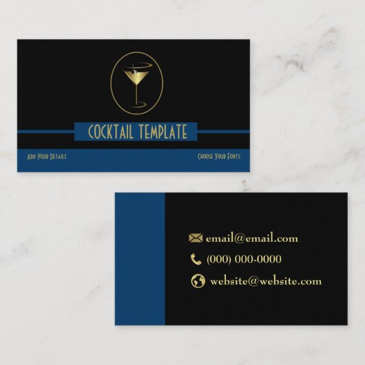 青と黒のクラシーなシンプル金ゴールドロゴバーテン 名刺 (正面/裏面)