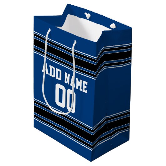 青と黒のジャージーのストライプ名前をカスタムする番号 ミディアムペーパーバッグ (正面アングル)