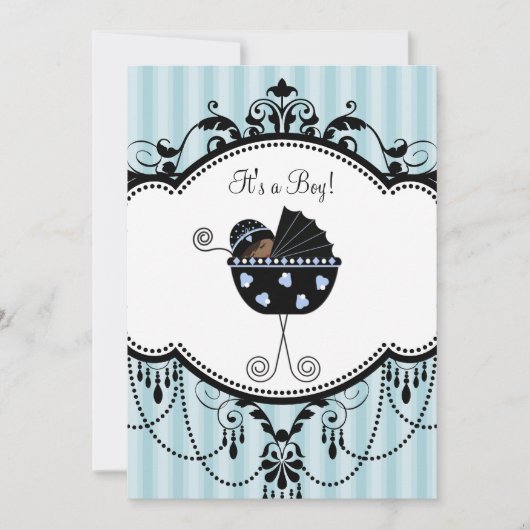 青と黒のストライプの赤ちゃん男の子のシャワー招待状 招待状 (正面)