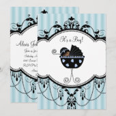 青と黒のストライプの赤ちゃん男の子のシャワー招待状 招待状 (正面/裏面)