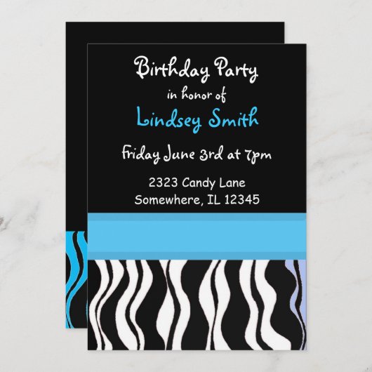 青と黒のゼブラプリント誕生日招待状 招待状 (正面/裏面)