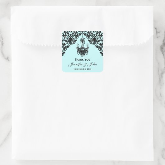 青と黒のダマスクシャンデリアの好意ステッカー スクエアシール (バッグ)