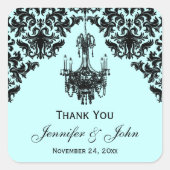 青と黒のダマスクシャンデリアの好意ステッカー スクエアシール (正面)