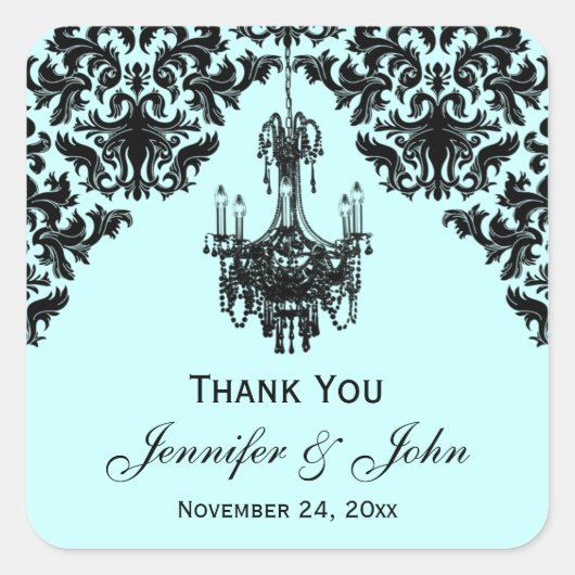 青と黒のダマスクシャンデリアの好意ステッカー スクエアシール (正面)