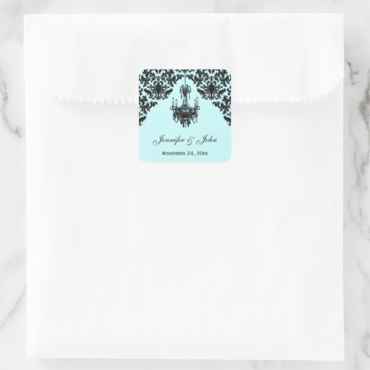 青と黒のダマスクシャンデリア結婚のステッカー スクエアシール (バッグ)