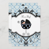 青と黒のダマスク柄のベビーボーイシャワー招待状 招待状 (正面/裏面)