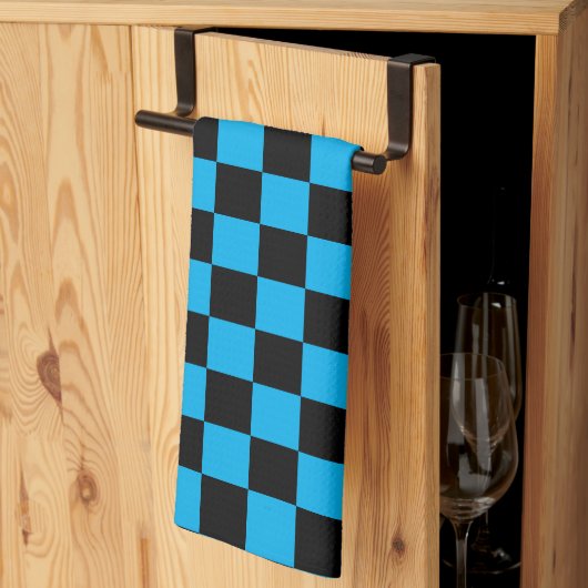 青と黒のチェック柄プリント キッチンタオル (三つ折り)