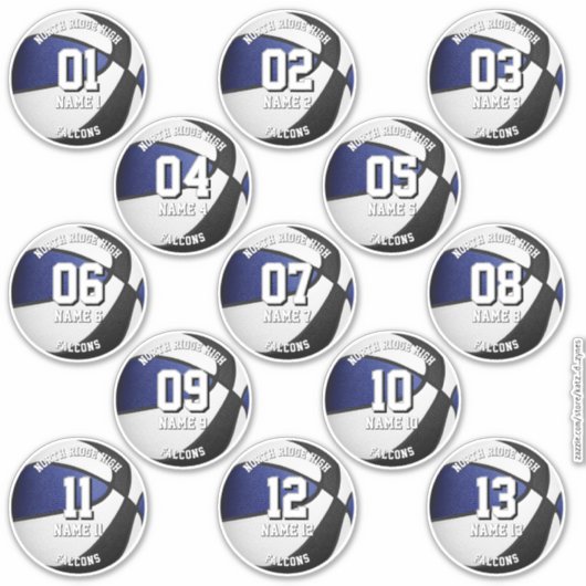 青と黒のチームカラー 13人のバスケットボール選手の名前 シール (正面)