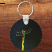 青と黒のトンボが緑と赤の草の上に キーホルダー (正面)
