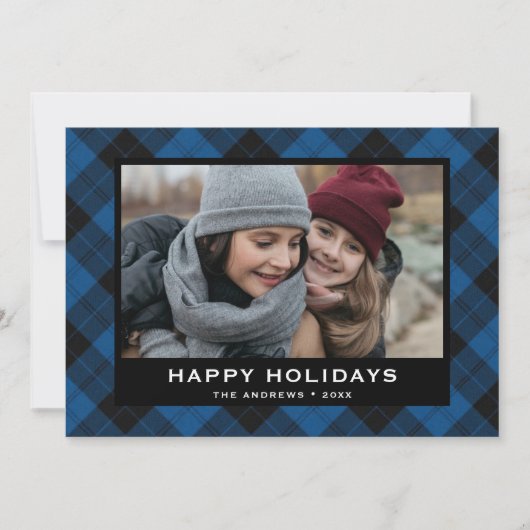 青と黒のフェスティバルタータンチェッククリスマスフォト シーズンカード (正面)
