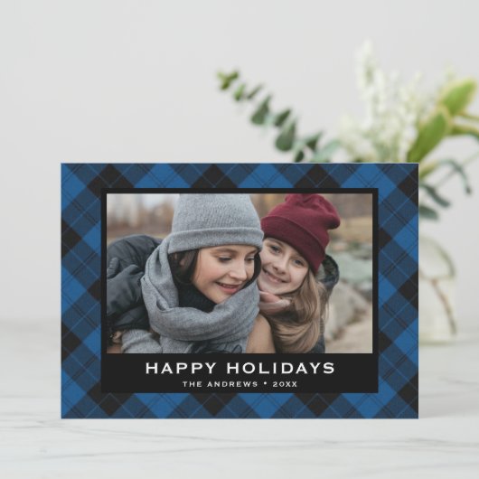 青と黒のフェスティバルタータンチェッククリスマスフォト シーズンカード (スタンド正面)