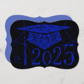 青と黒のフローラキャップ2025卒業パーティー 招待状 (正面/裏面)