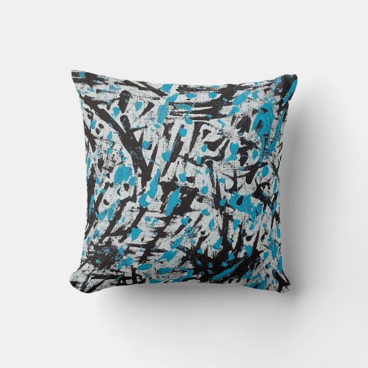 青と黒のブラシマークの抽象芸術 クッション (正面)